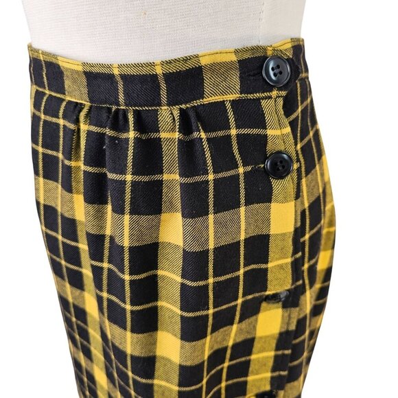 Synonyme 70s Yellow Black Plaid Wool Midi Skirt Size S Side Buttons French Made - Picture 3 of 11
